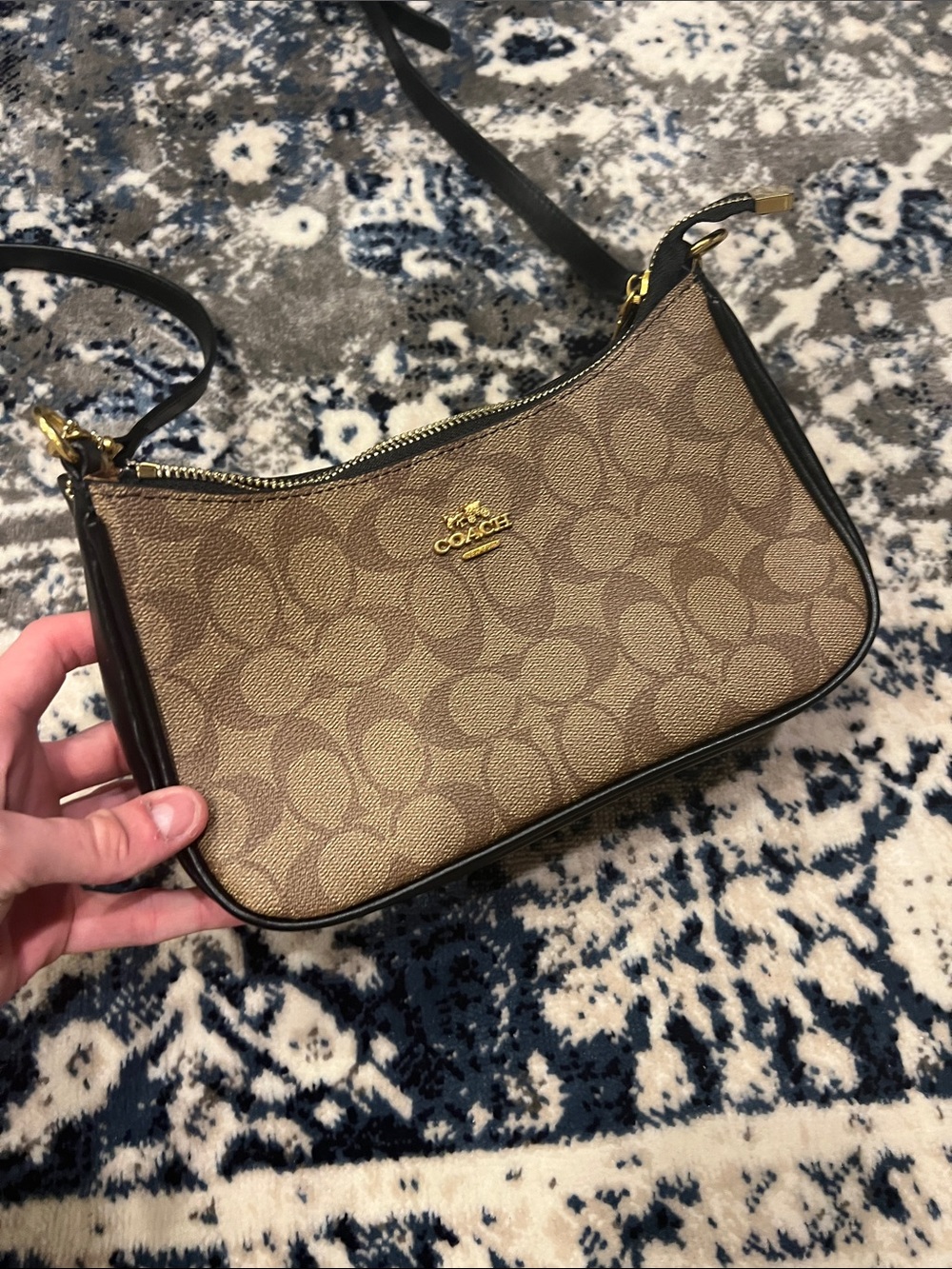 Coach Brown Signature Canvas Shoulder Bag with Black Trim